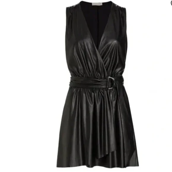 NWT Ramy Brook Lily Black Faux Vegan Leather Wrap Mini Dress | Size 4 - Picture 4 of 9